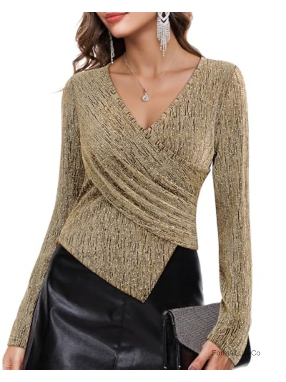 Sparkly Rhinestone Long Sleeve Ruched Asymmetrical Party Tunic Top